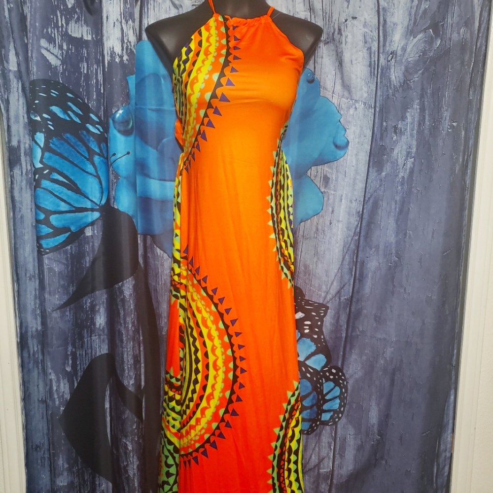 Orange print halter maxi dress sz L